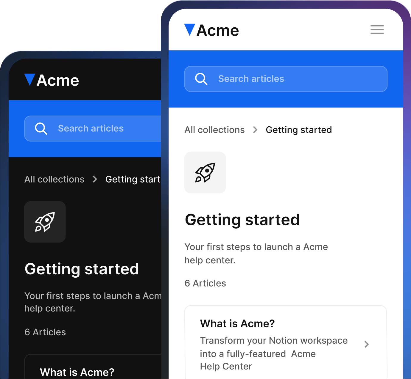Helpview help center interface on mobile showing light and dark themes with searchable articles.