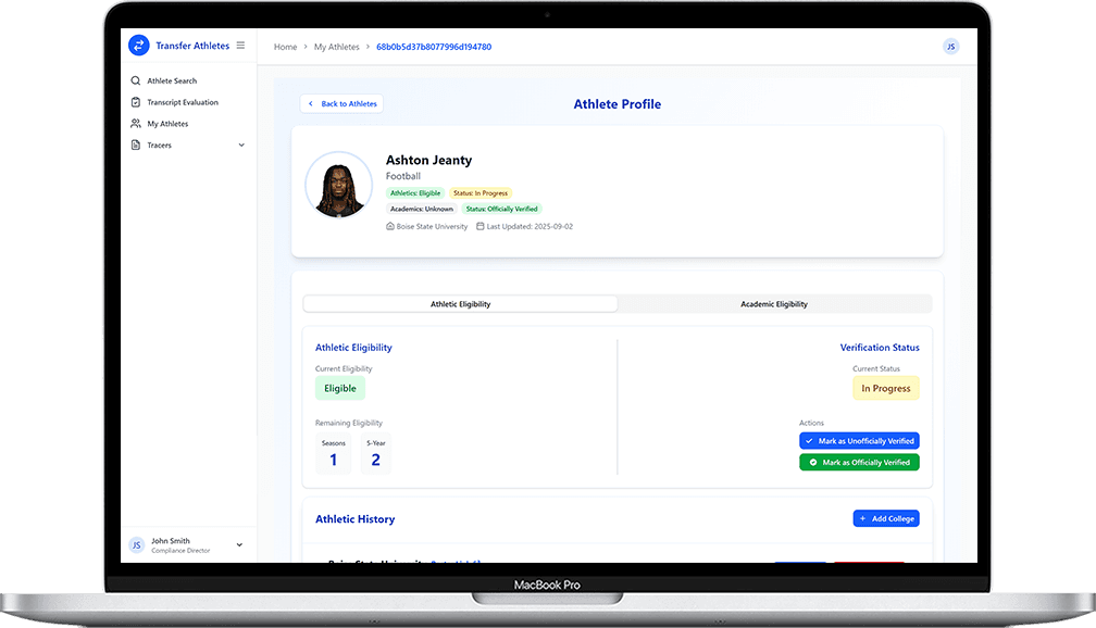 A computer showing the eligibility of a transfer athlete