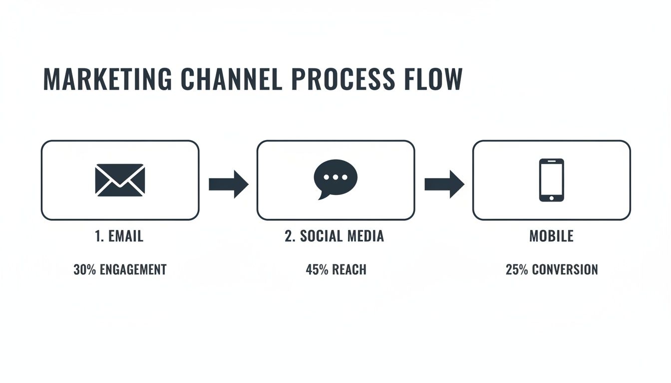 Marketing channel process flow diagram showing email engagement, social media reach, and mobile conversion rates.