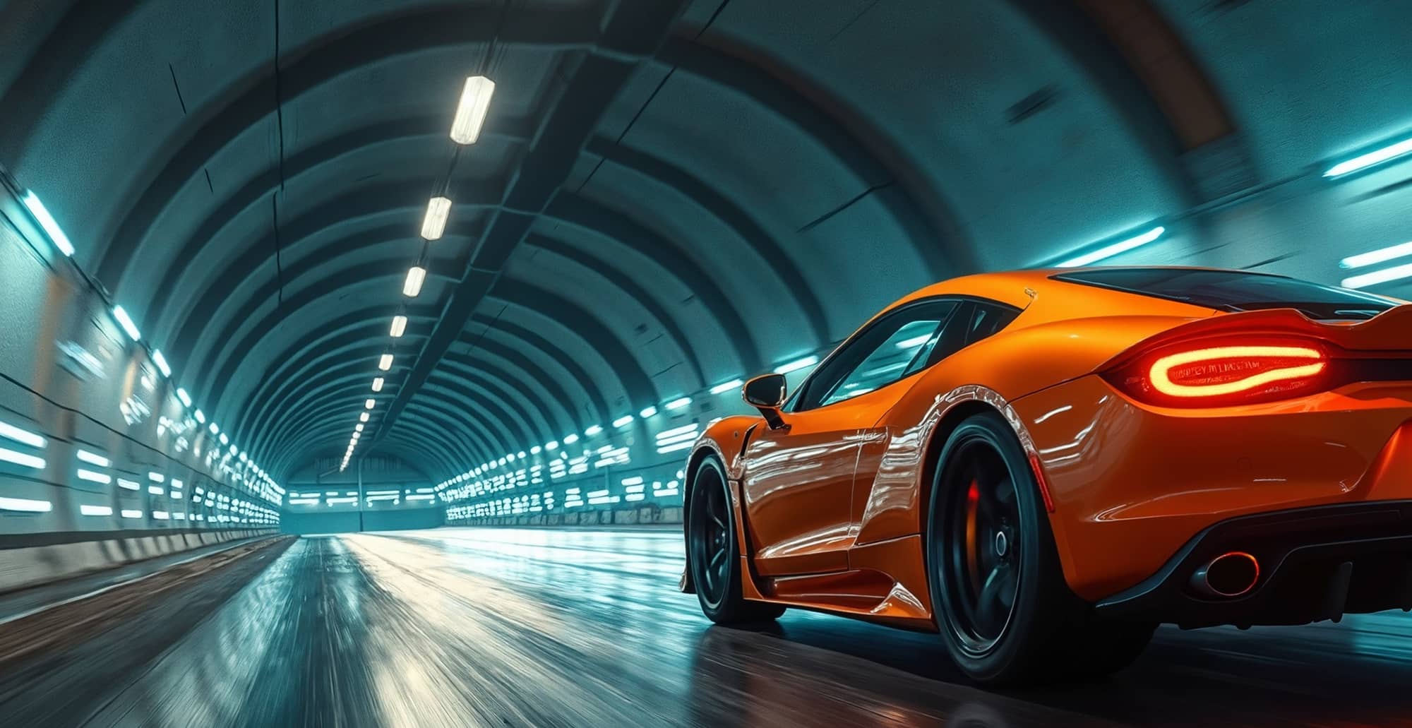 Vue arrière d'une voiture exotique orange dont les feux à DEL sont allumés, capturée en mouvement dans un tunnel moderne.