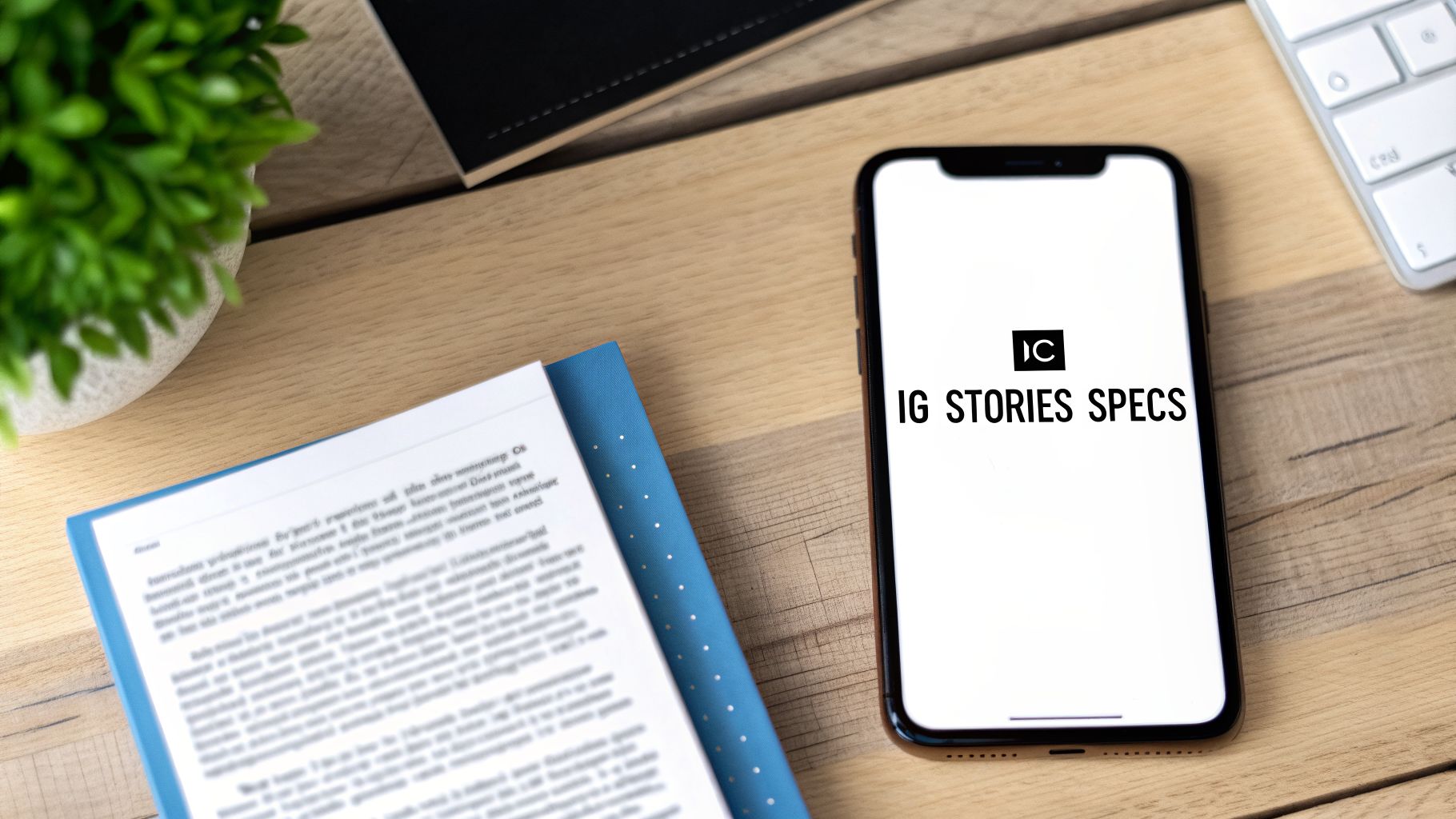 A smartphone displaying 'IG STORIES SPECS' on a wooden desk with a plant, book, and keyboard.