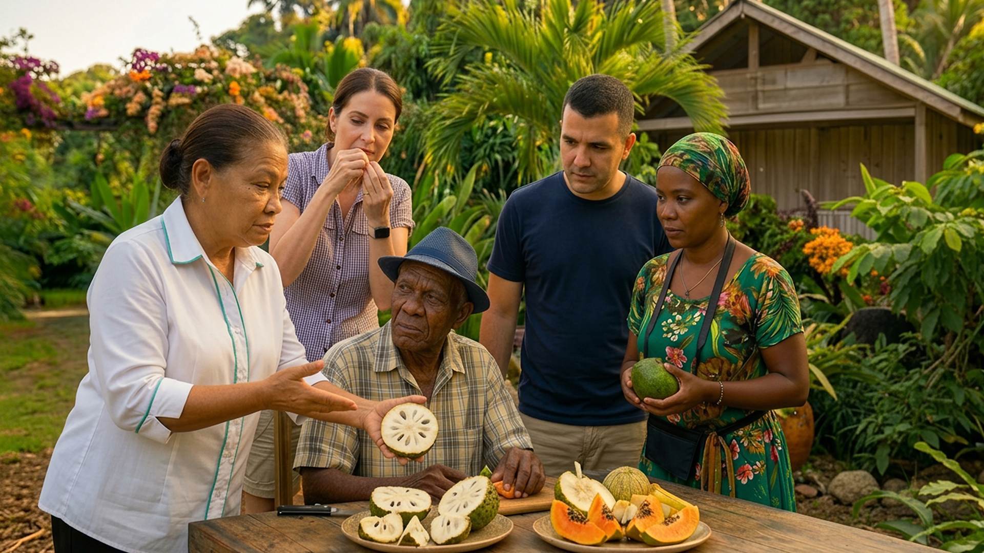 Five people gathered around a table tasting tropical fruits in a lush garden.