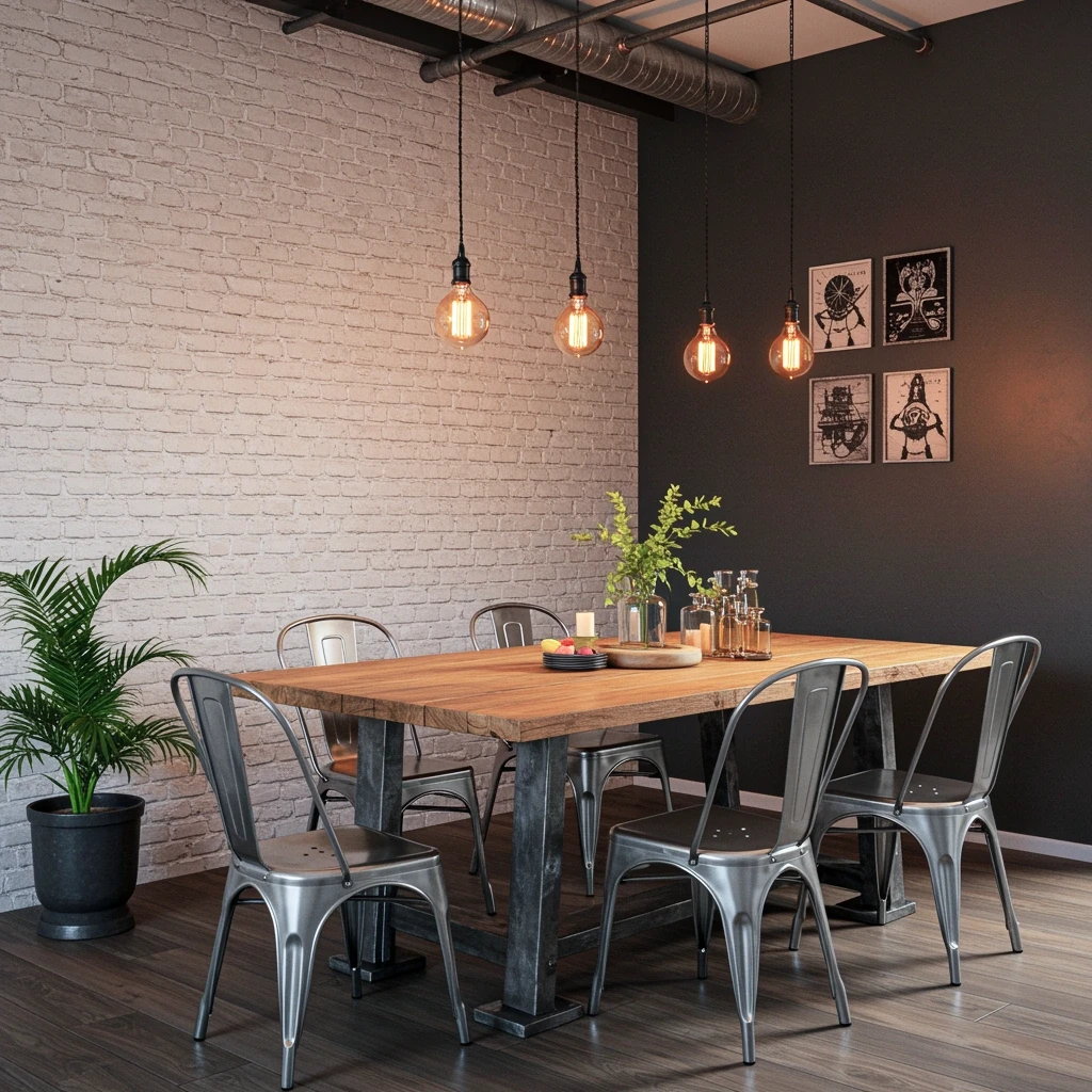 Industrial dining space featuring white brick, gray accent wall, and metal fixtures