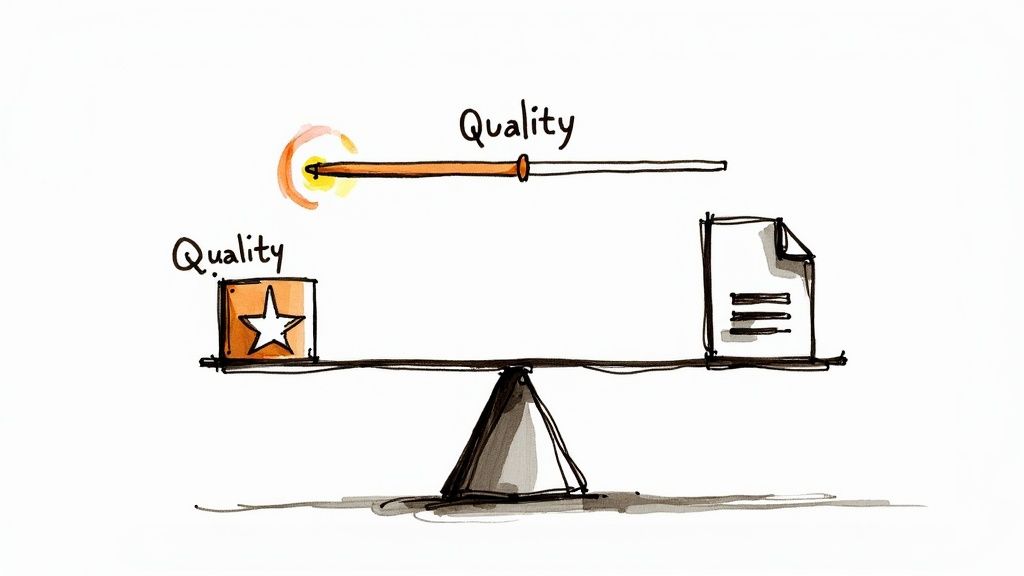 Balance scale weighing quality box with star against document showing quality versus quantity concept