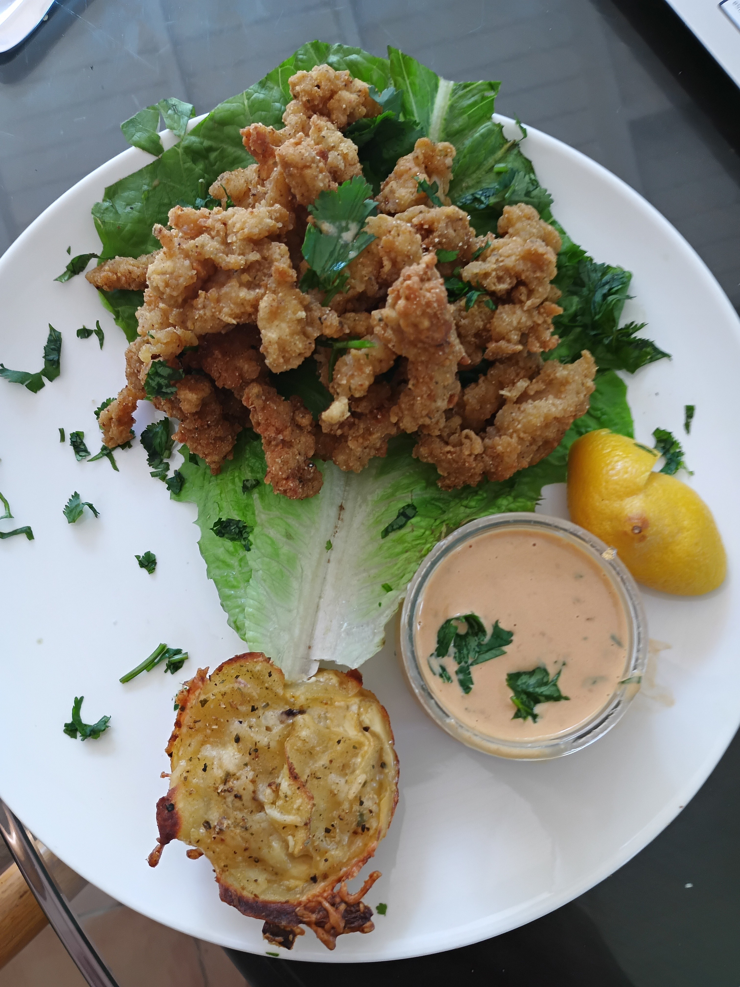 Tempura Conch with Scallop Potato and Yum Yum Sauce.