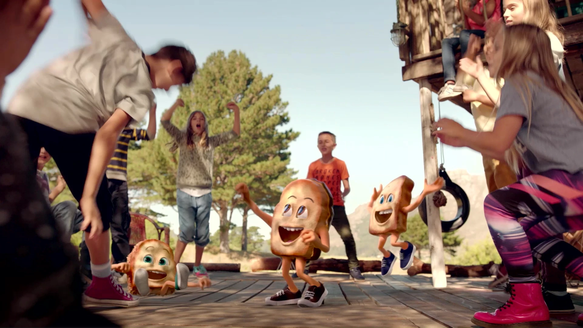 Zwieback character cheering kids on