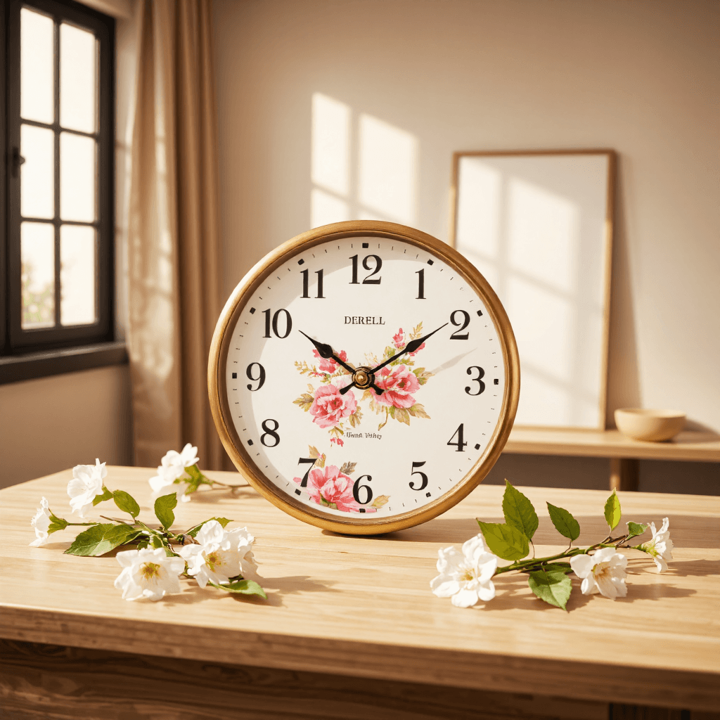 product photography of wall clock with floral design