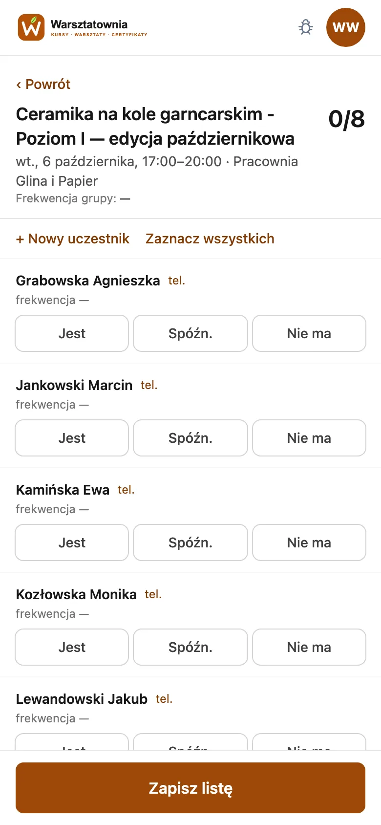 Aplikacja obecności: lista uczestników z przyciskami Jest, Spóźn., Nie ma