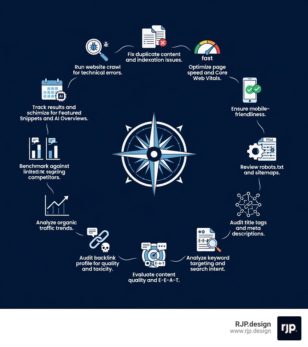 Infographic showing the 14-step SEO audit process: 1) Run website crawl for technical errors, 2) Fix duplicate content and indexation issues, 3) Optimize page speed and Core Web Vitals, 4) Ensure mobile-friendliness, 5) Review robots.txt and sitemaps, 6) Audit title tags and meta descriptions, 7) Analyze keyword targeting and search intent, 8) Check internal linking structure, 9) Evaluate content quality and E-E-A-T, 10) Audit backlink profile for quality and toxicity, 11) Analyze organic traffic trends, 12) Benchmark against competitors, 13) Optimize for Featured Snippets and AI Overviews, 14) Track results and schedule regular audits - How to audit SEO? infographic