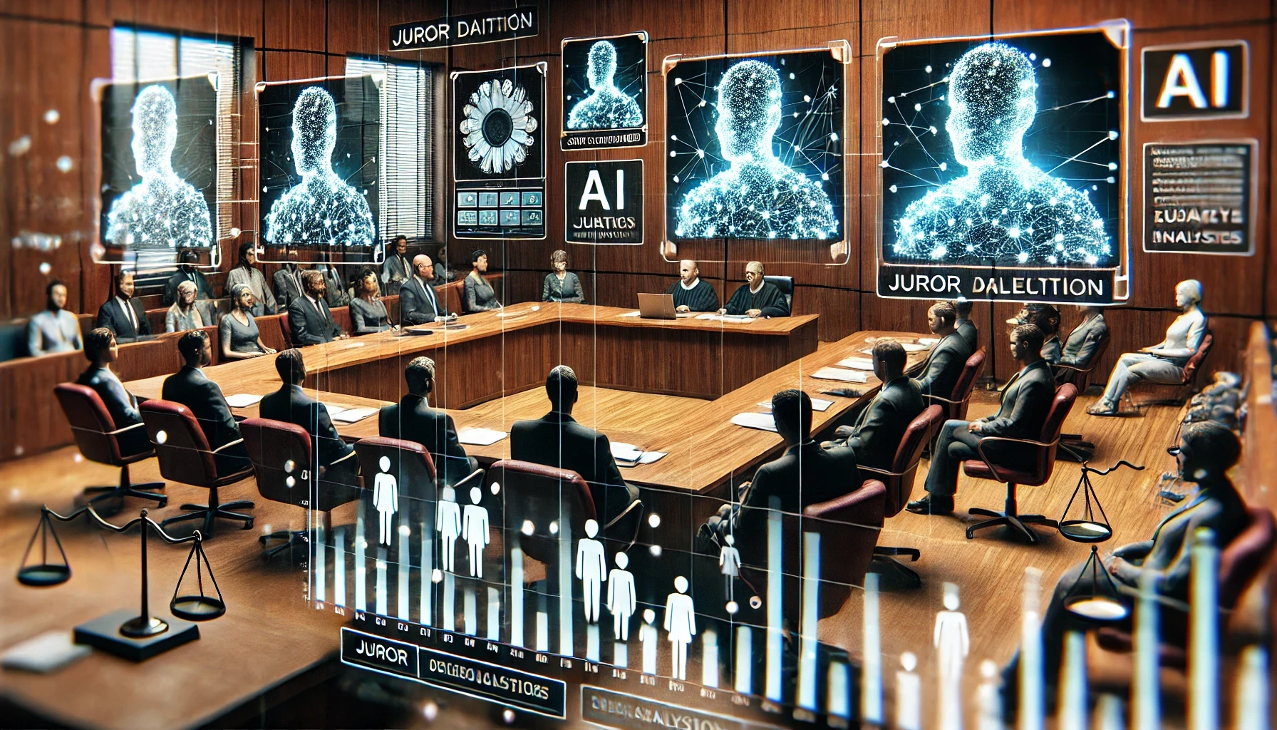 A courtroom scene with digital overlays of data points, highlighting how AI technology is influencing every aspect of jury selection.