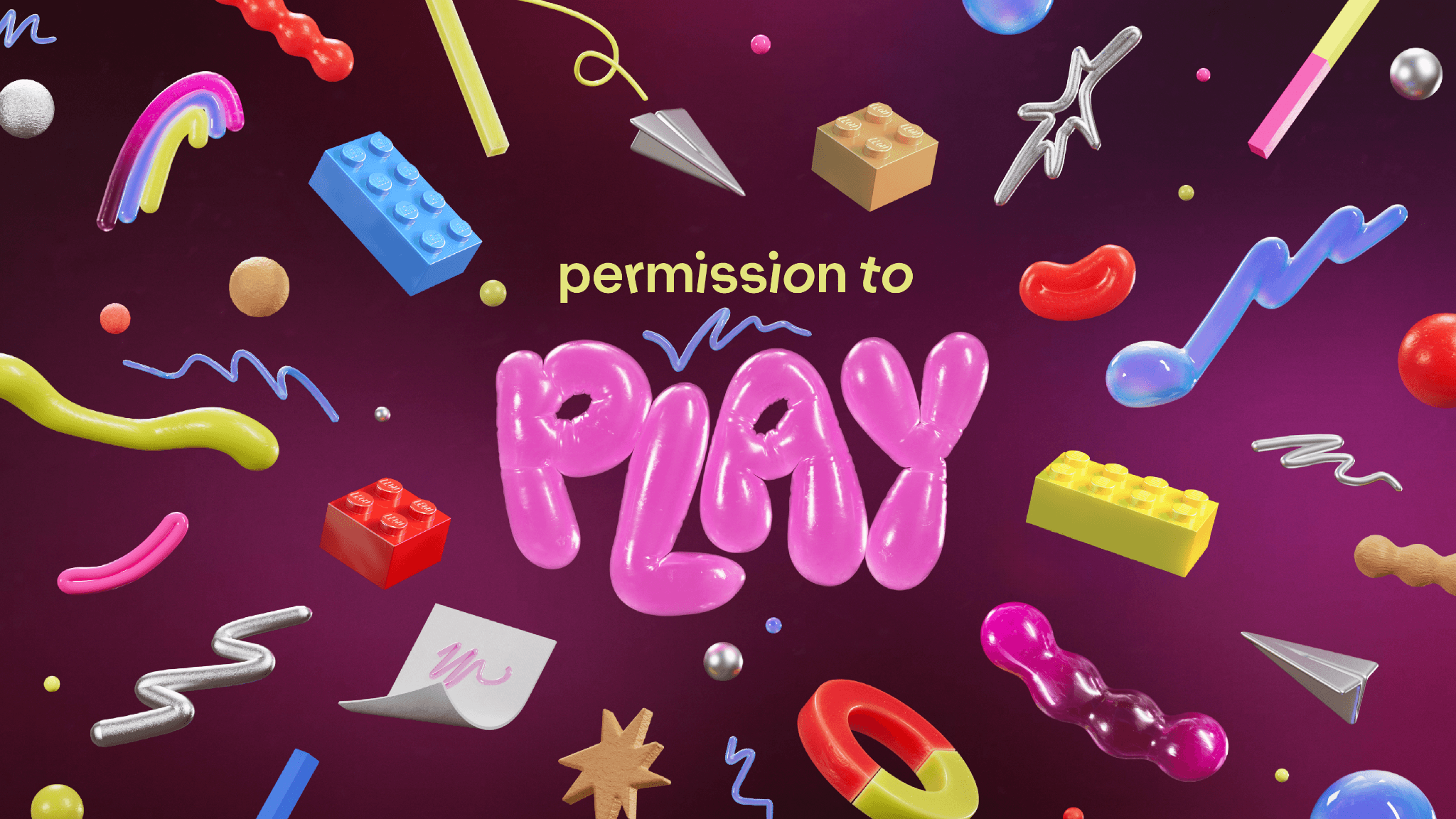 A colourful 3D title graphic reading 'Permission to Play' in bubble text, surrounded by floating Lego bricks, ribbons, and playful shapes on a deep purple background.