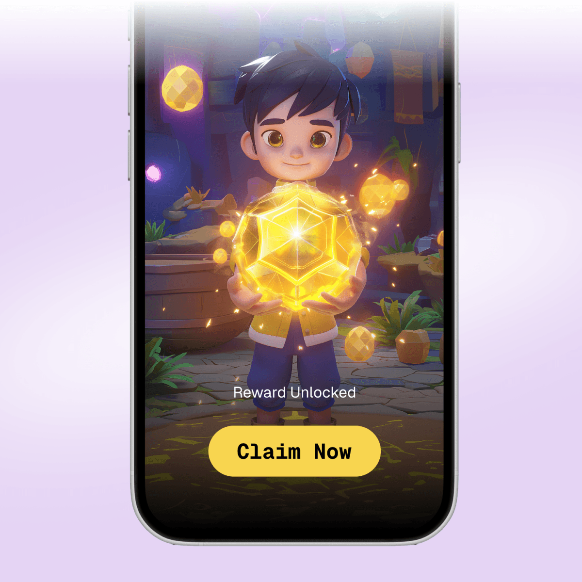 Mobile game screen showing character with glowing reward and Claim Now button