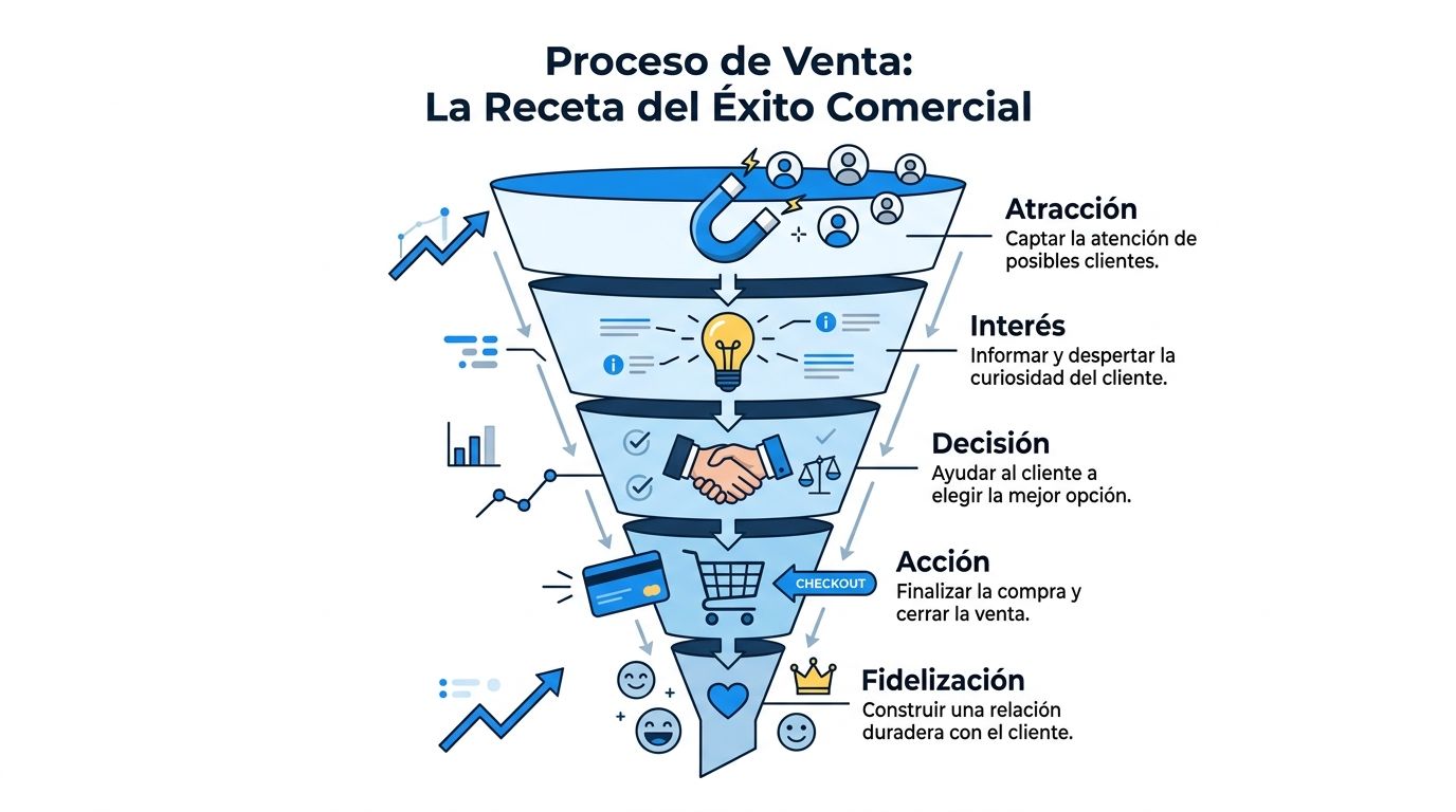 Un embudo de ventas que ilustra las cinco etapas clave para convertir prospectos en clientes leales exitosamente.