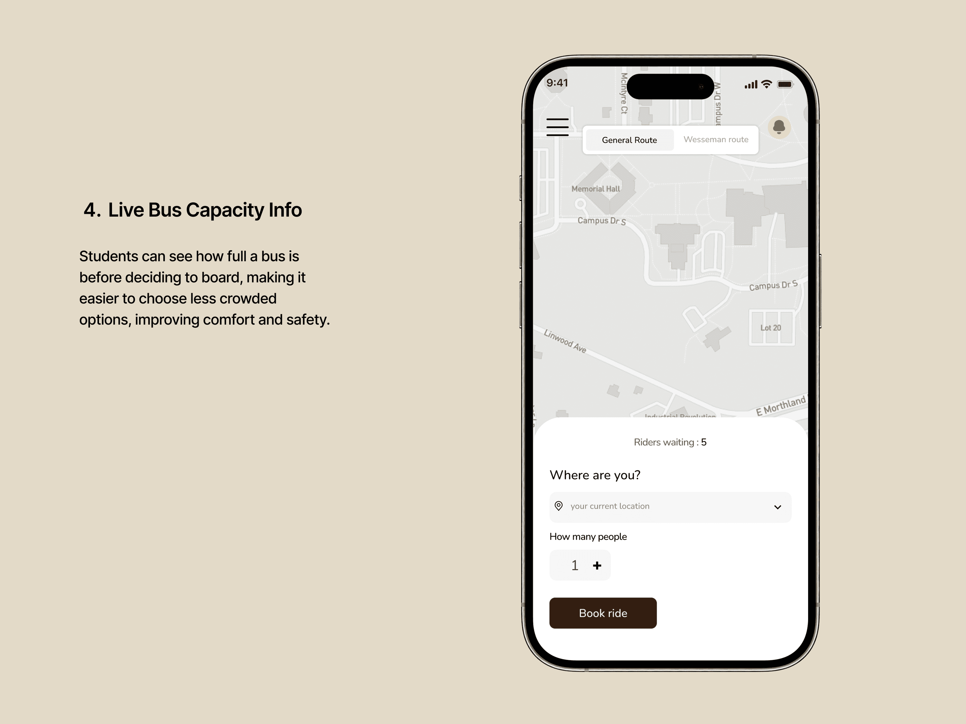 A smartphone displays a mobile app mockup showing live bus capacity information with a map and options for selecting a bus route, designed to assist users in making informed travel choices by revealing current rider numbers and allowing ride bookings; the left side contains a brief description of this feature, beneficial for enhancing user experience in UIUX design.