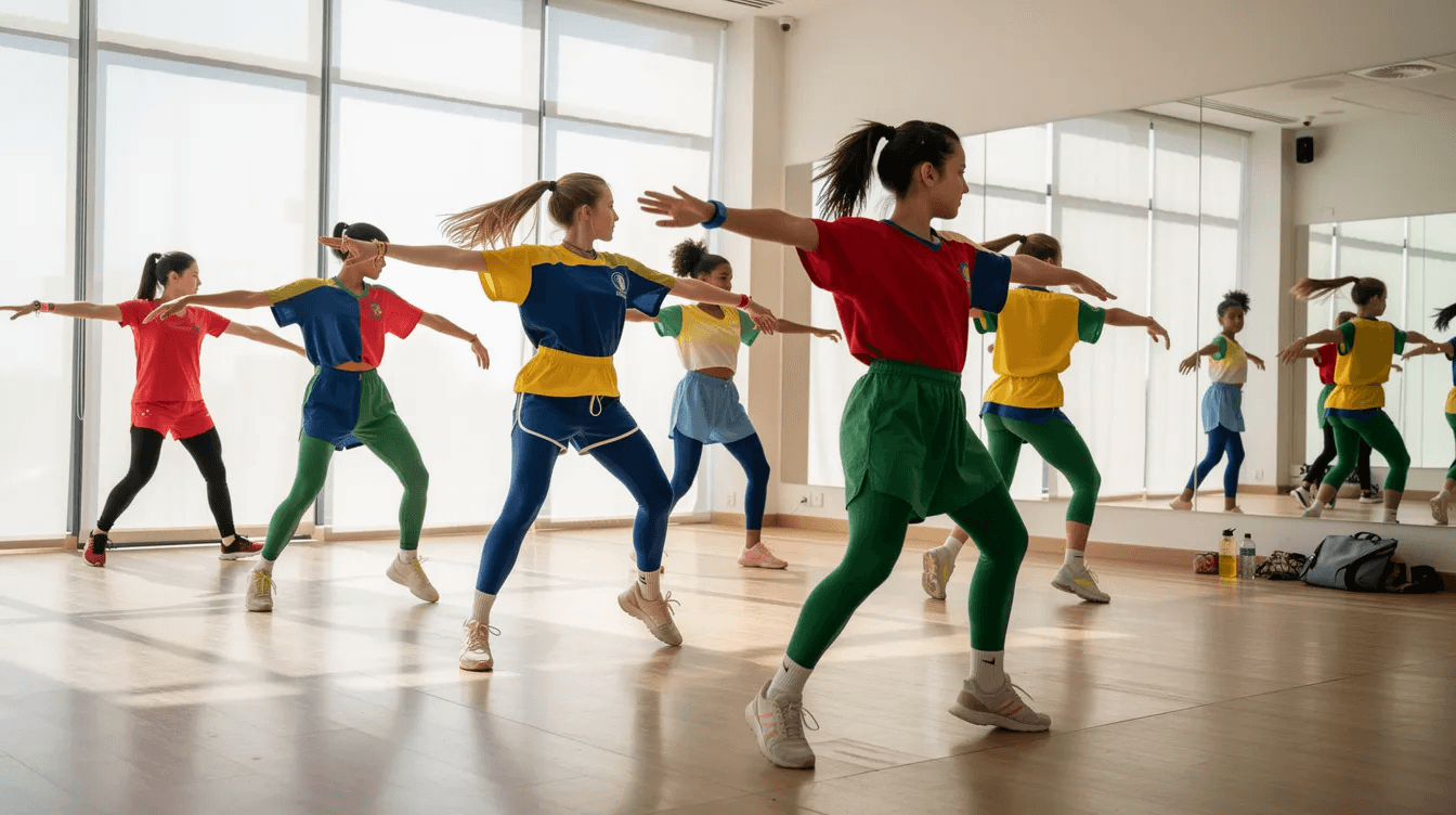 A vibrant dance studio scene features a group of young dancers in colorful outfits practicing choreography under bright lights. This modern environment showcases the energy and passion of dance classes, highlighting the importance of effective dance studio management software for studio owners and teachers.