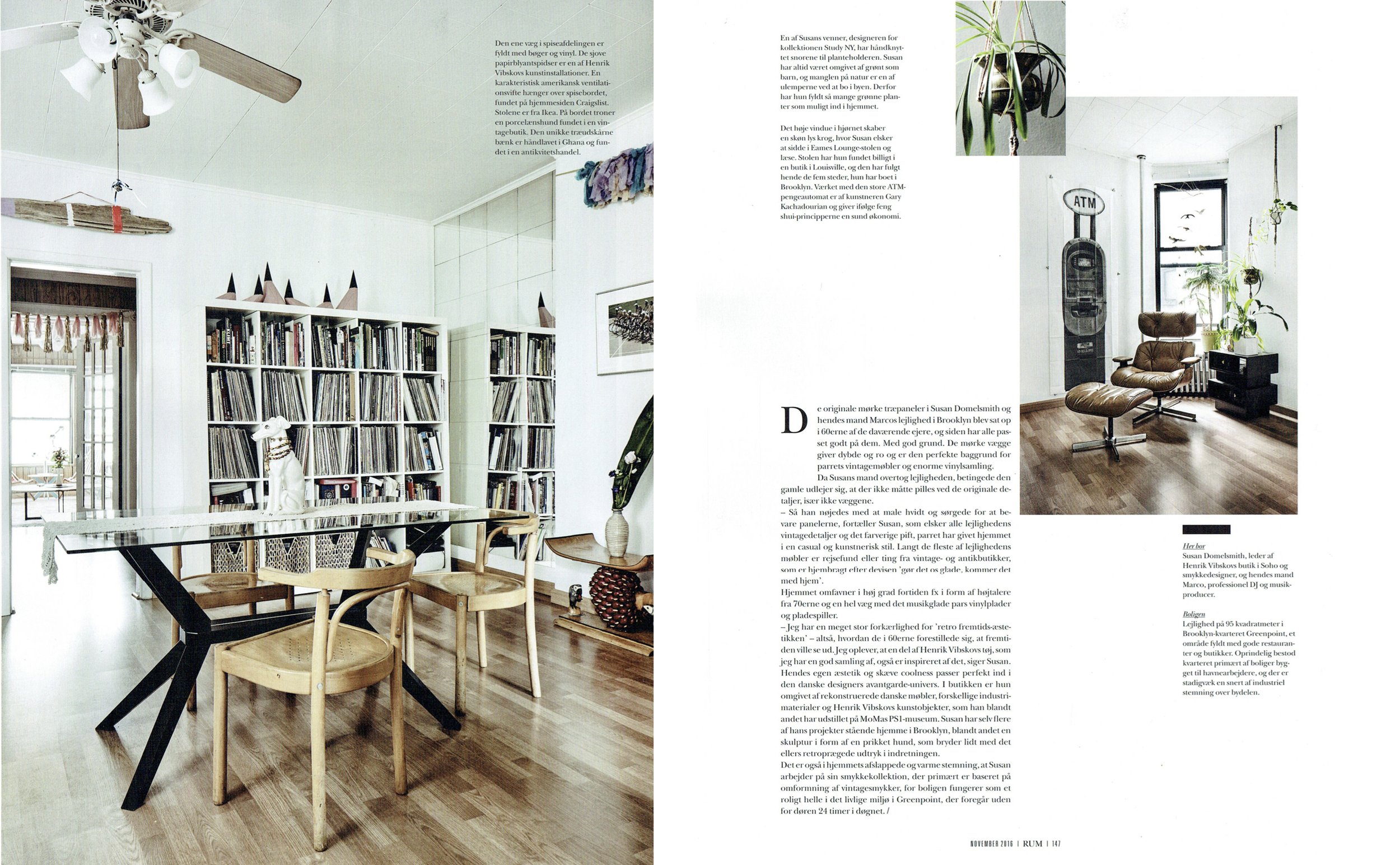 Rum magazine spread showing a living room with a wall of records and a dining table