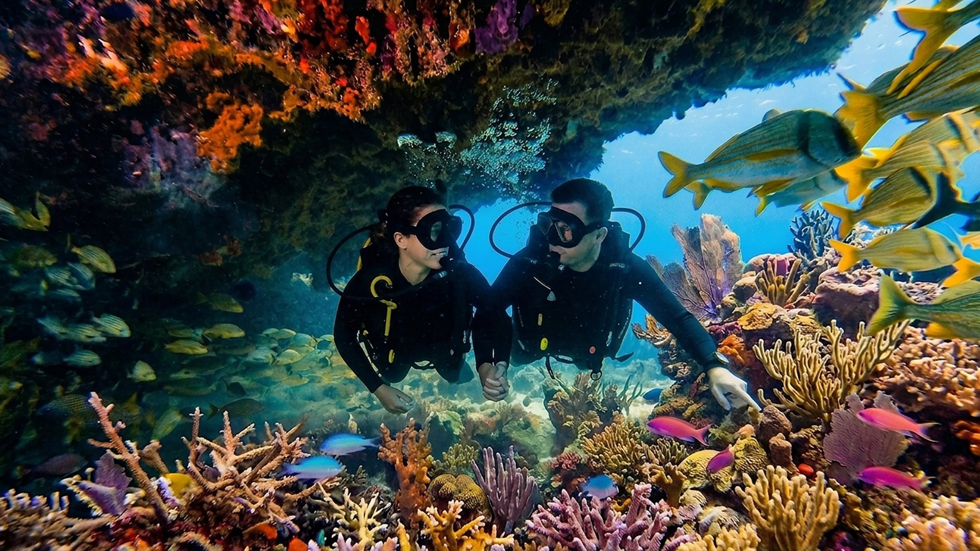 Two scuba divers holding hands exploring a vibrant coral reef full of fish.