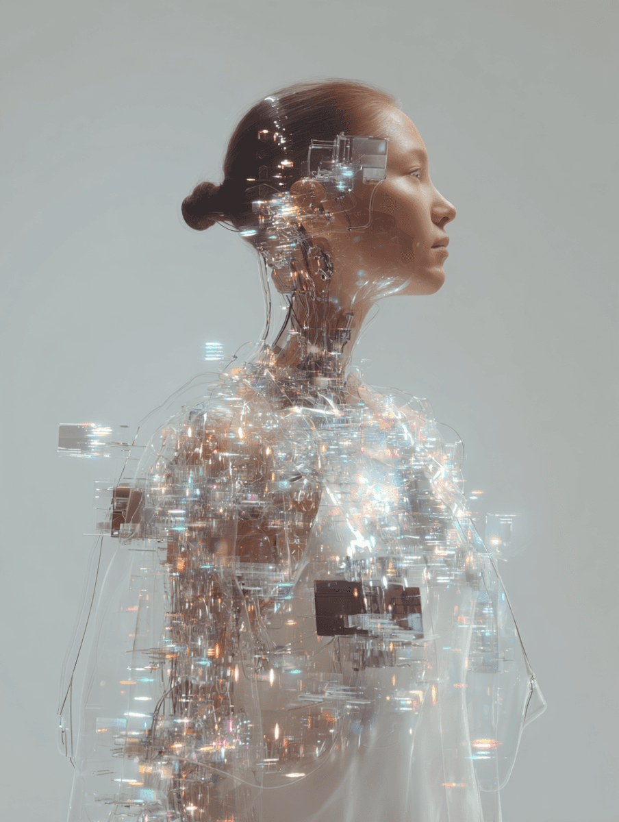 A profile view of a woman surrounded by abstract, fragmented digital effects, merging technology and art.