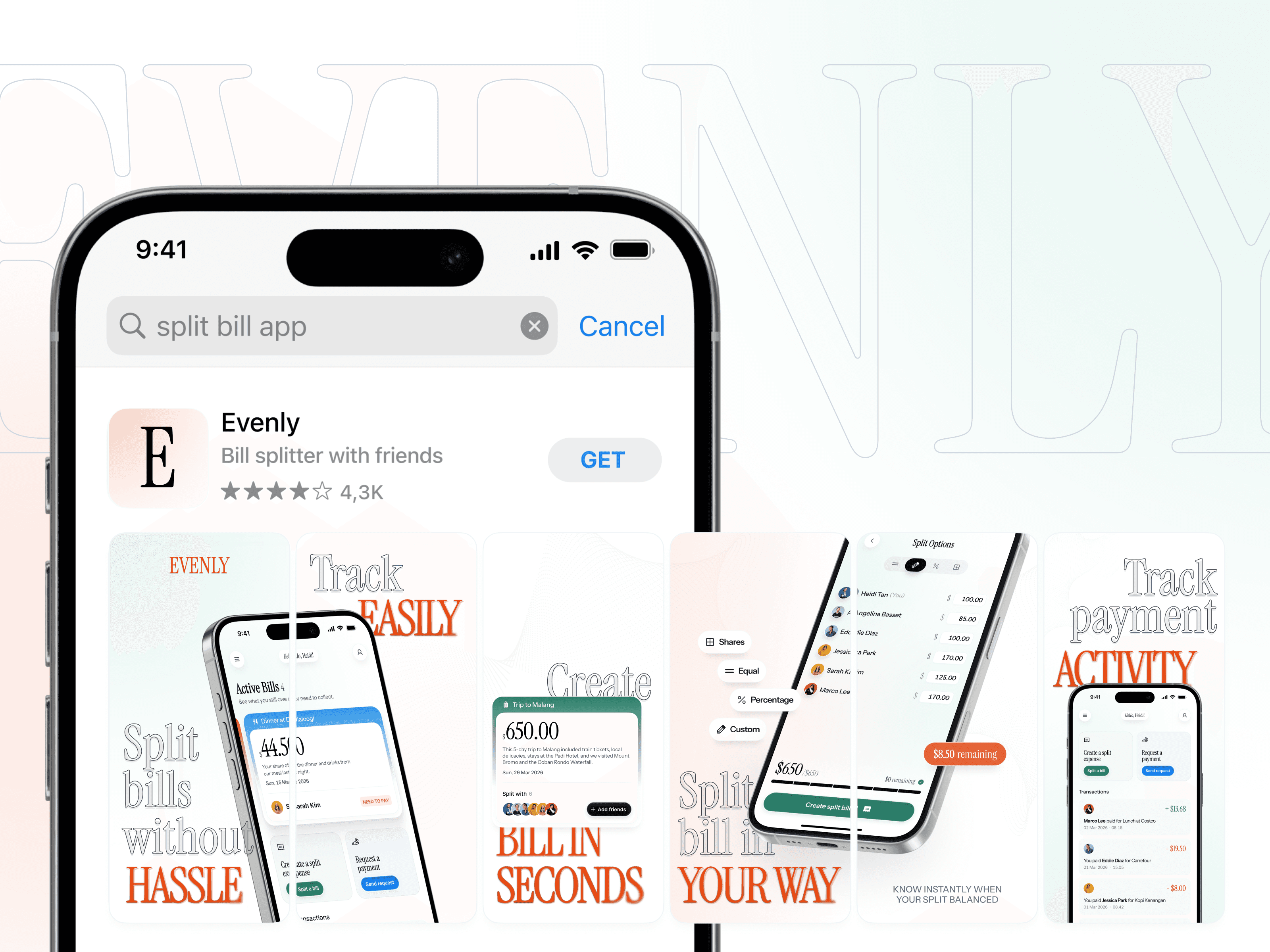Evenly – Split bill app iOS preview on App Store design showing how Evenly works