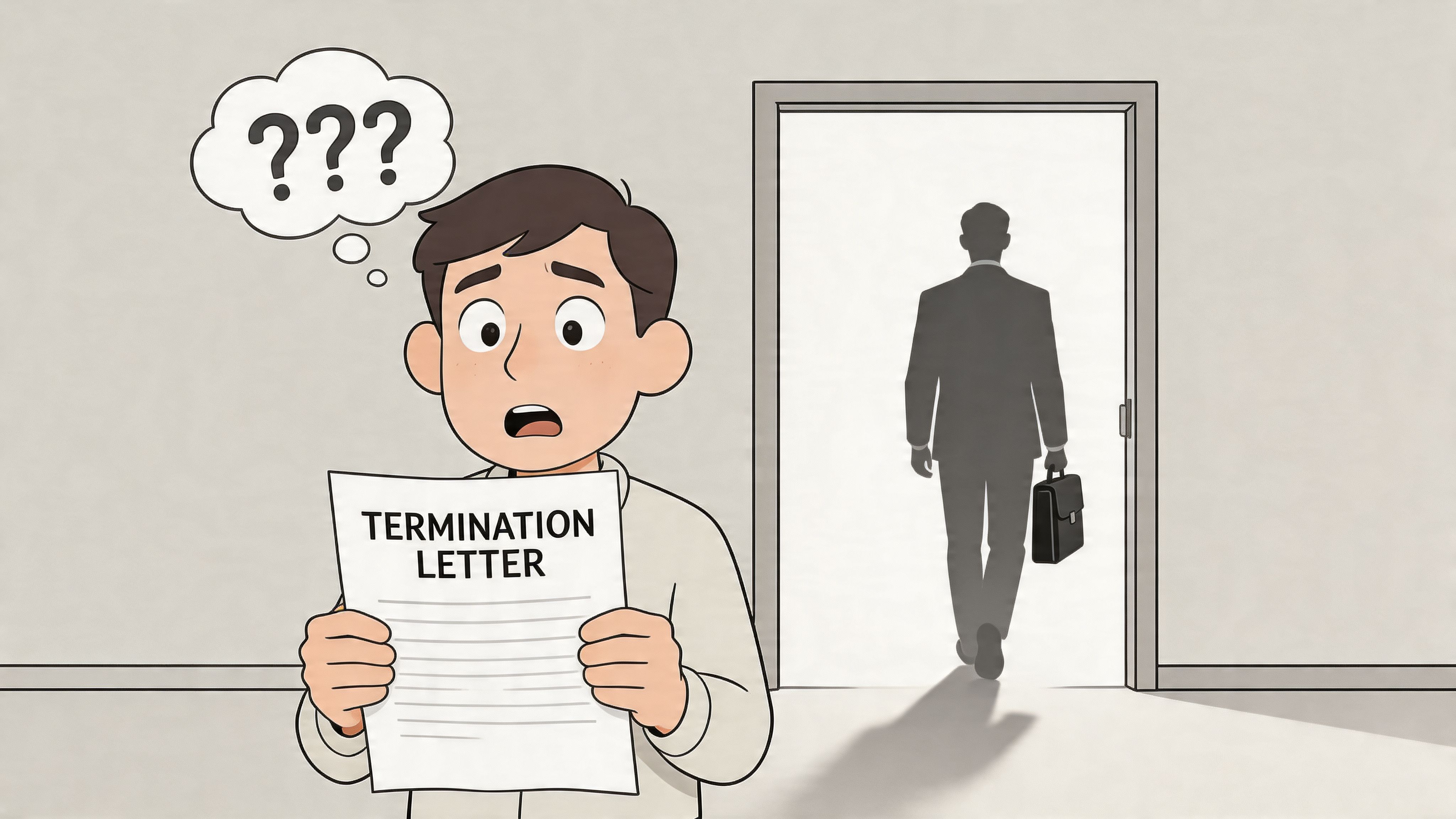 A confused employee holding a termination letter while a person in a suit walks away.