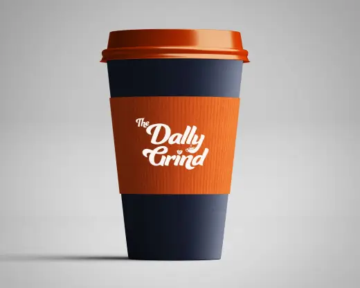The Dally Grind Coffee brand design: Navy blue coffee cup with orange sleeve and custom script logo.