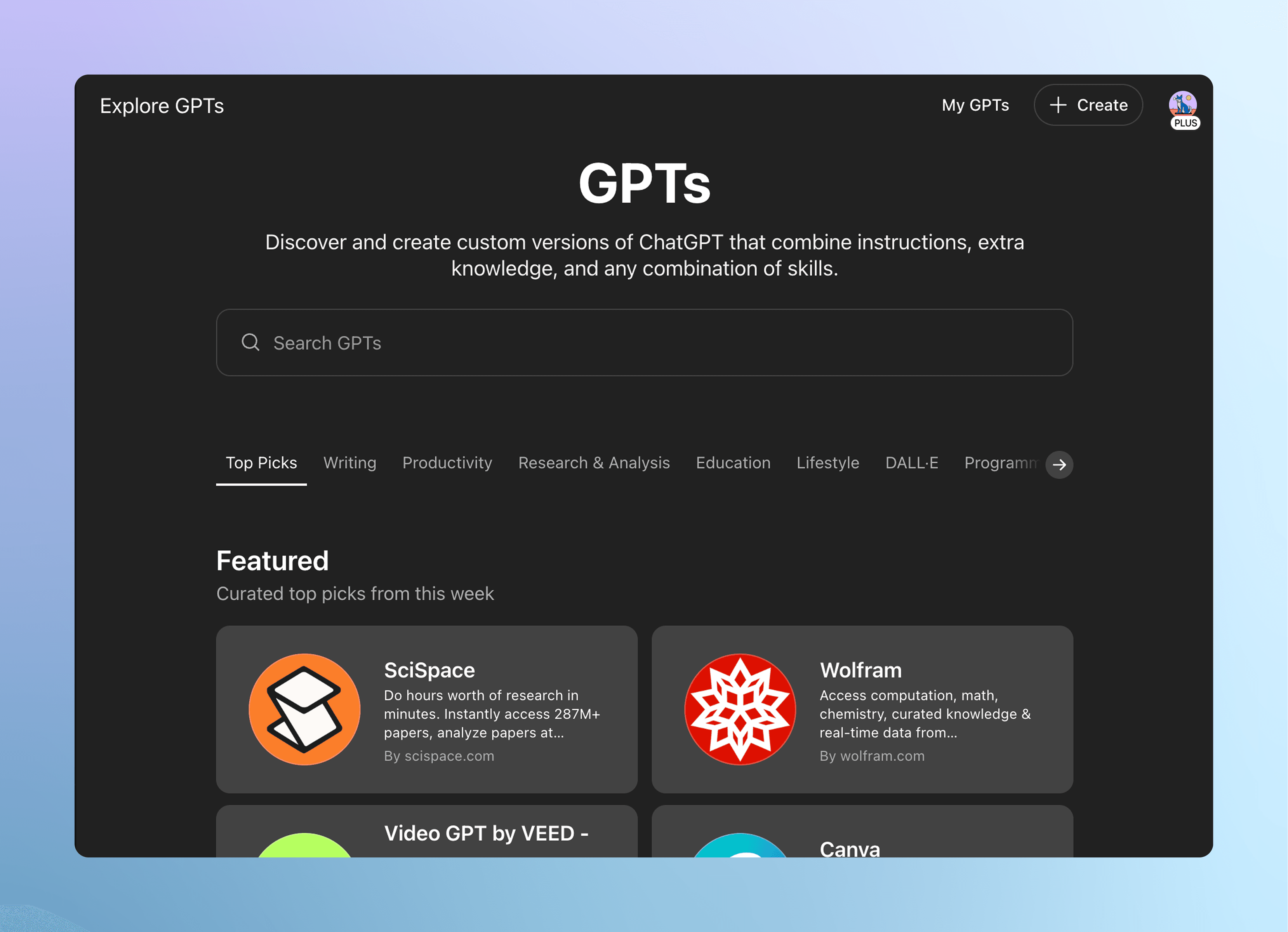 Screenshot of the "Explore Custom GPTs" page.