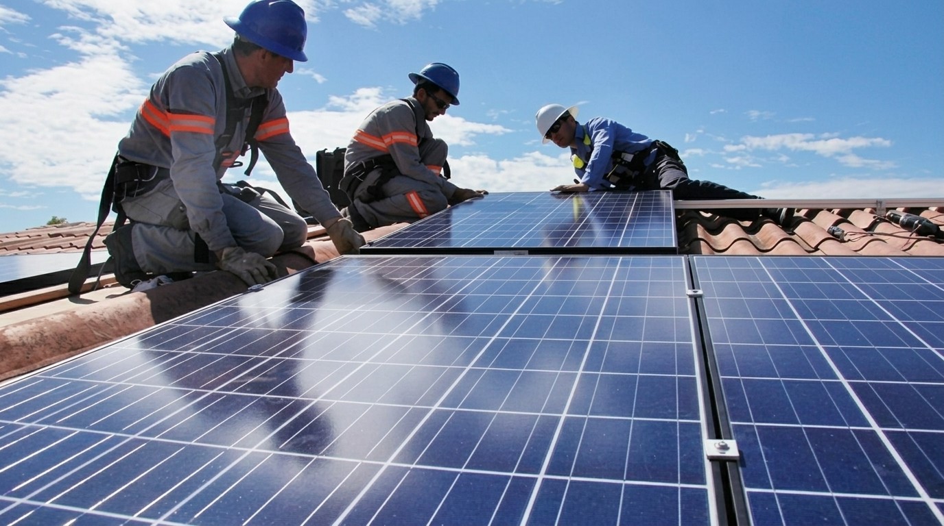 Contractors instaling solar panel