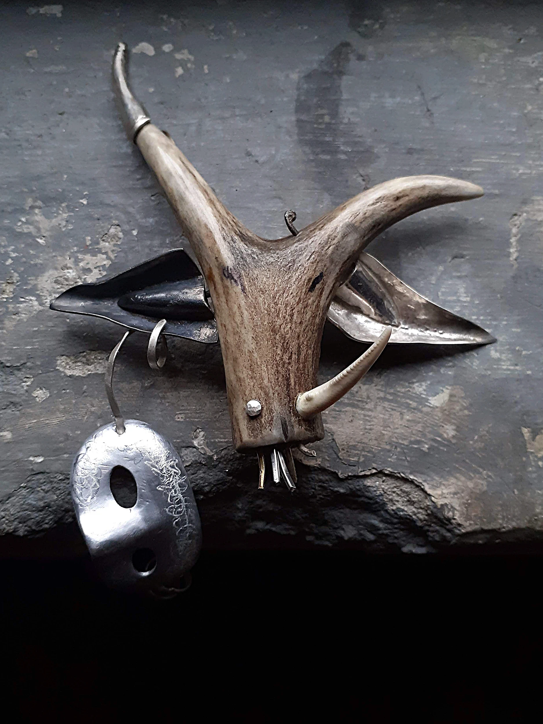 deer carnival exposed AK contemporary jewelry brooch deer antler silver aluminum