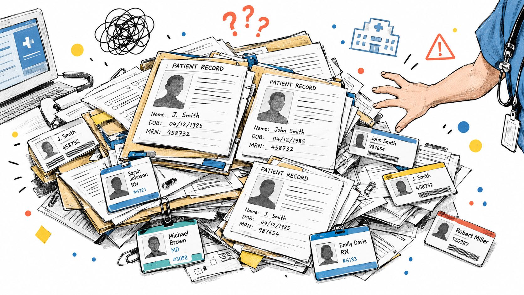 A cluttered desk with overlapping medical patient records and ID badges symbolizing data duplication and confusion.