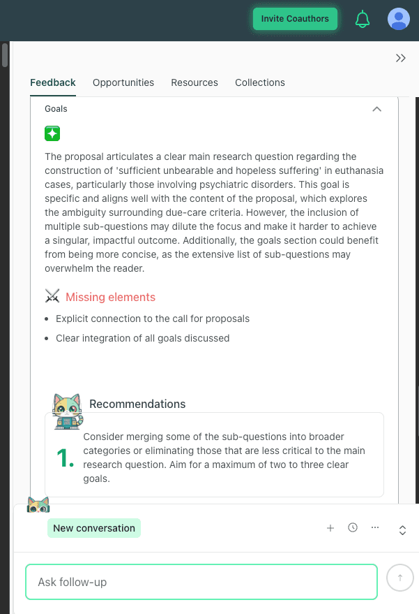 thesify goals section feedback showing missing elements, recommendations, and the chat with theo ask follow-up field