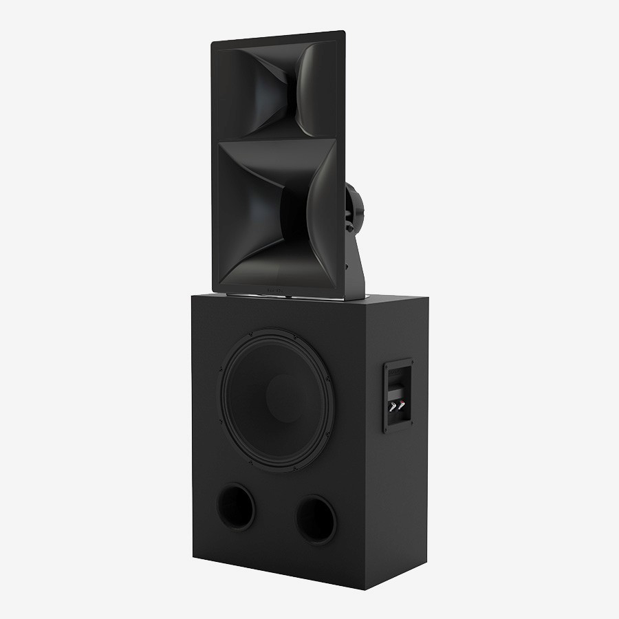 Black speaker with subwoofer and horn driver