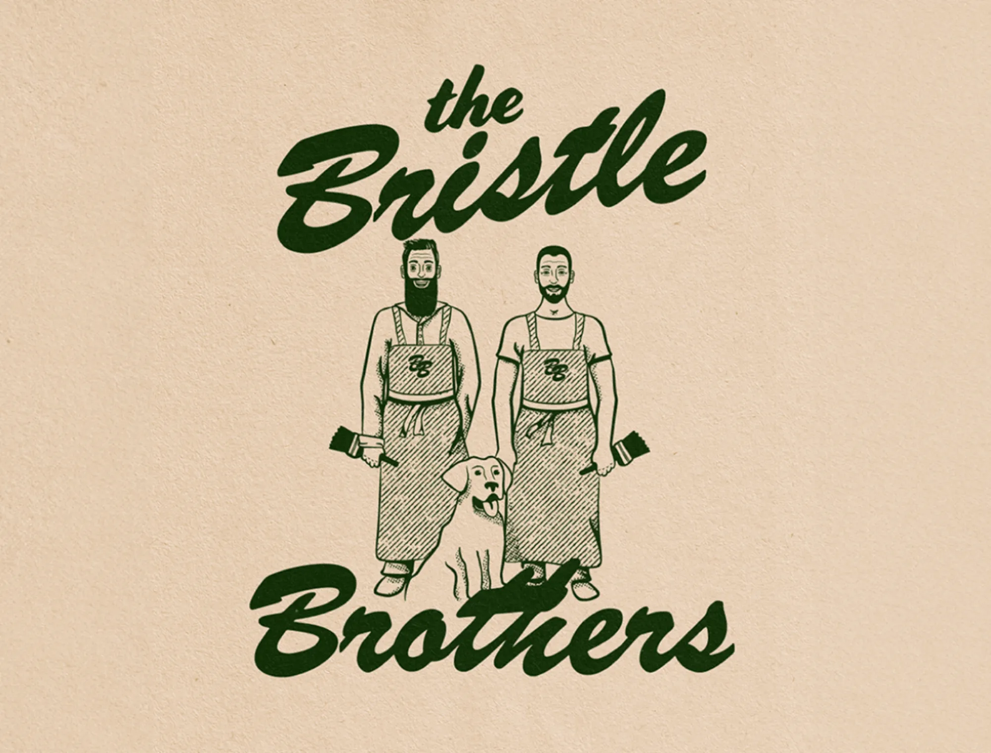 A completed retro illustration of two painters with beards wearing aprons and holding paint brushes with a dog sitting in front and "The Bristle Brothers" written top and bottom to frame the illustration.