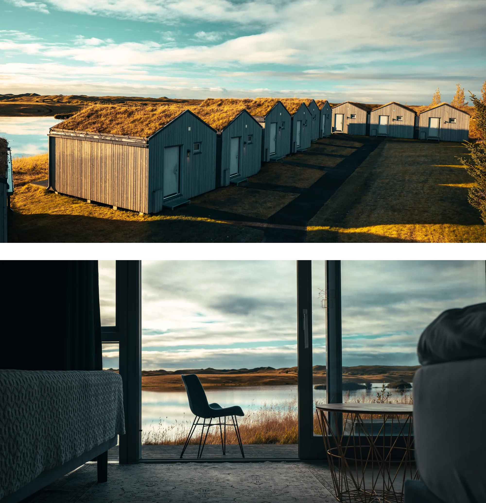 Turf-roofed timber cabins at Magma Hotel in golden autumn light by the lake, and the view from a cabin through floor-to-ceiling windows to the lake