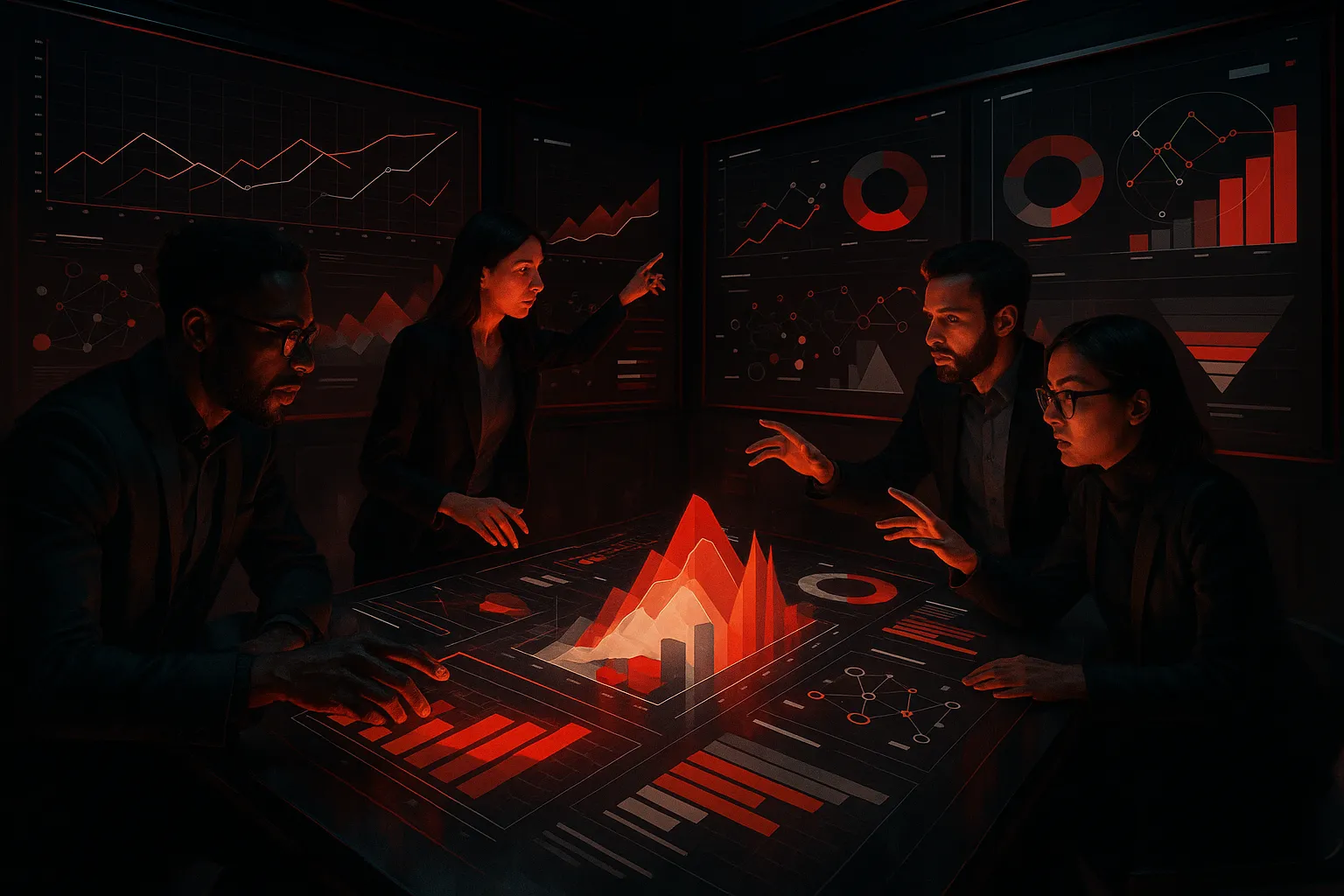 RockN' Socials team strategizes at digital marketing agency, lit by data visuals.