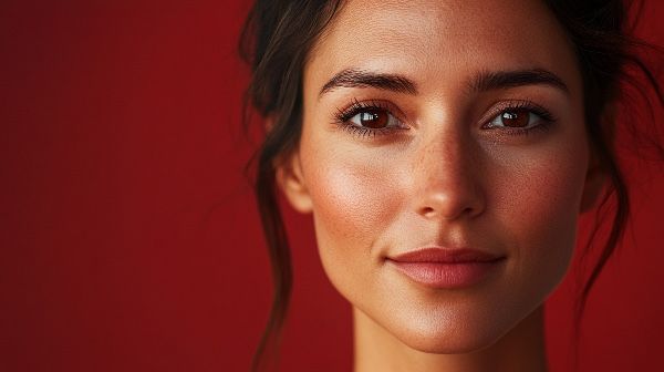 A close-up portrait of a confident woman with clear skin, dark hair, and a red background.