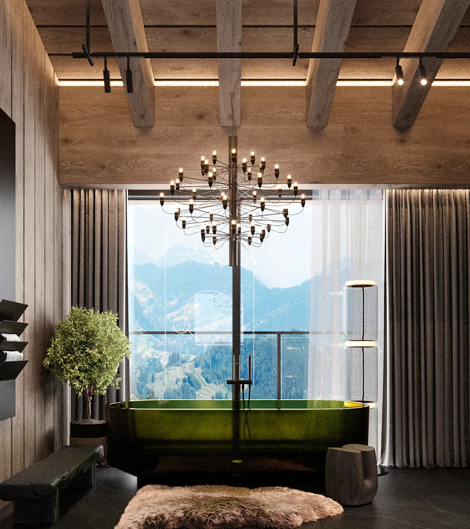 Peakside Chalets Cyprus bedroom with statement chandelier, panoramic glazing, and mountain-view backdrop