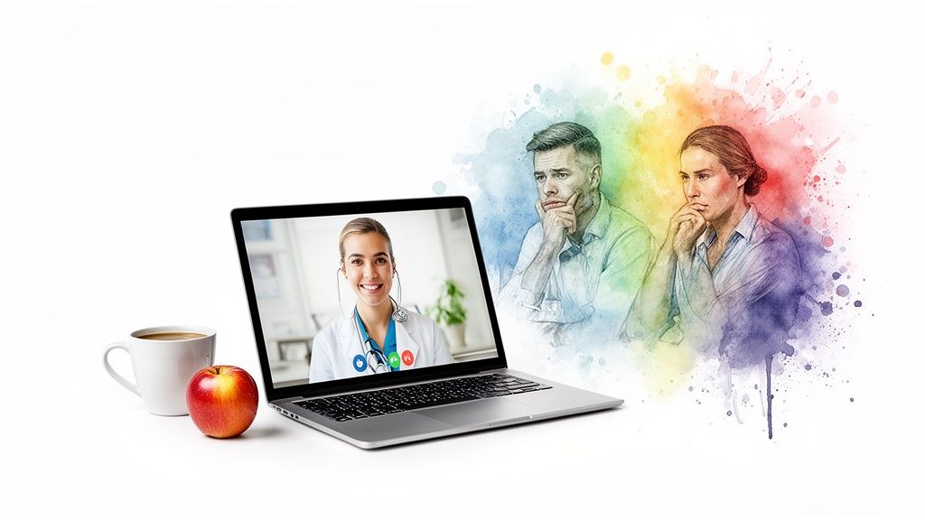 Doctora sonriente en videollamada con pacientes preocupados, café y manzana. Representa telemedicina y apoyo.