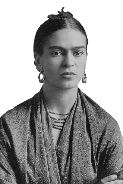 Black-and-white portrait of a young woman with bold features, wearing a textured shawl and ornate earrings, her hair pulled back with a ribbon. She gazes directly at the camera with a serious, contemplative expression, embodying a timeless and iconic style.