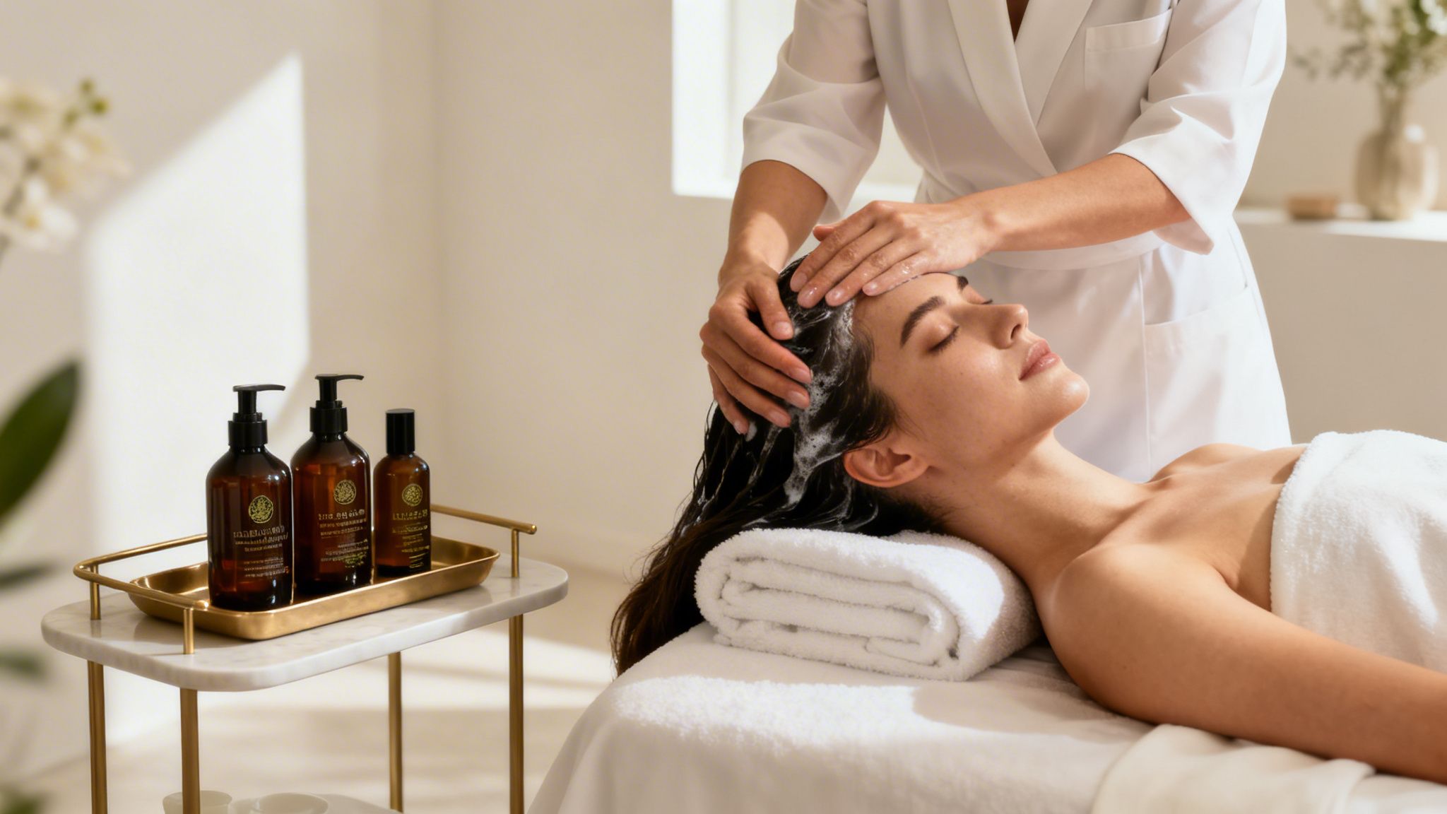 A woman receives a relaxing hair wash and scalp massage at a spa, with hair products on a nearby tray.