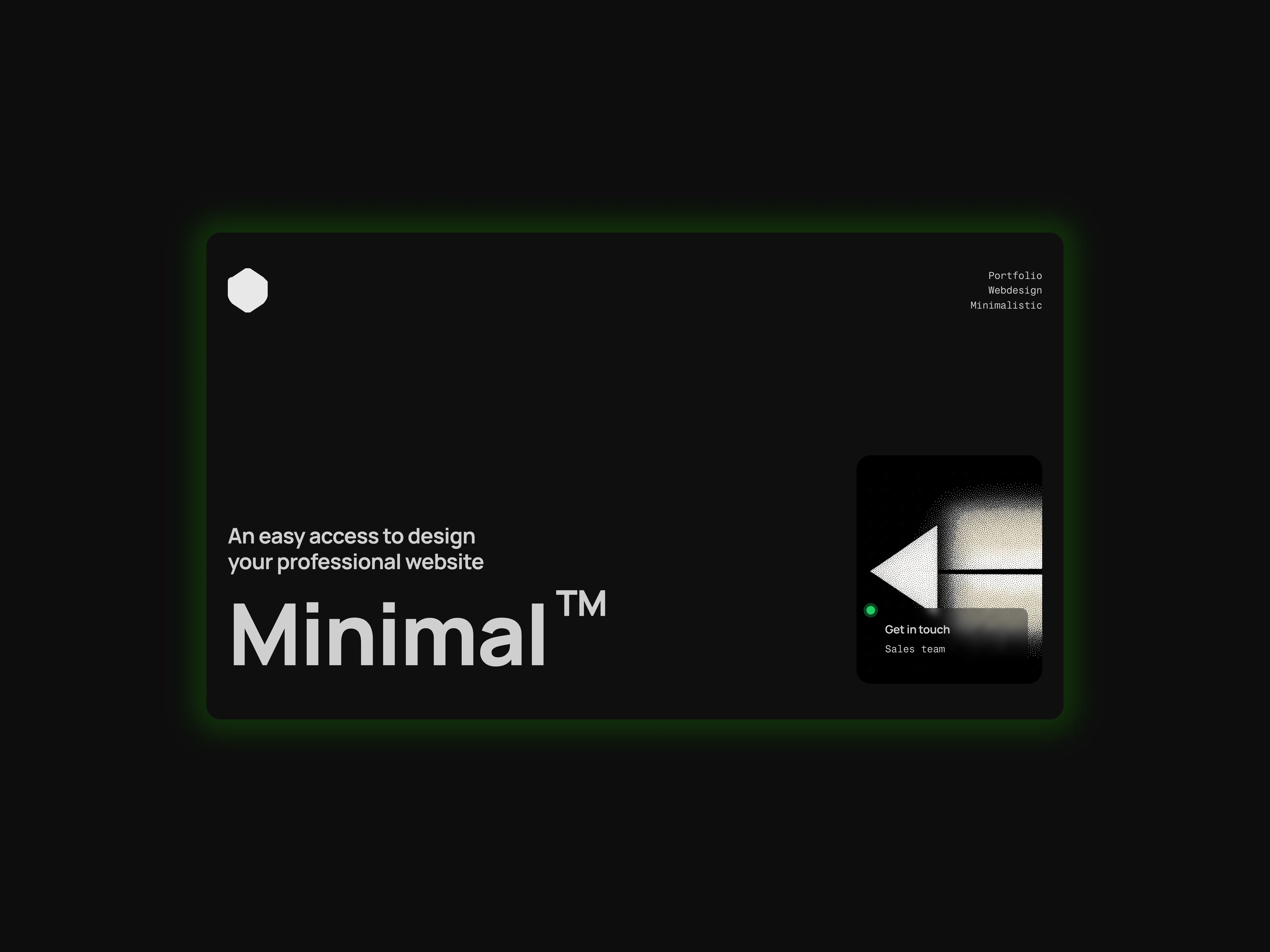 A dark themed minimal style hero section for portfolio web design. optimized for desktop screens