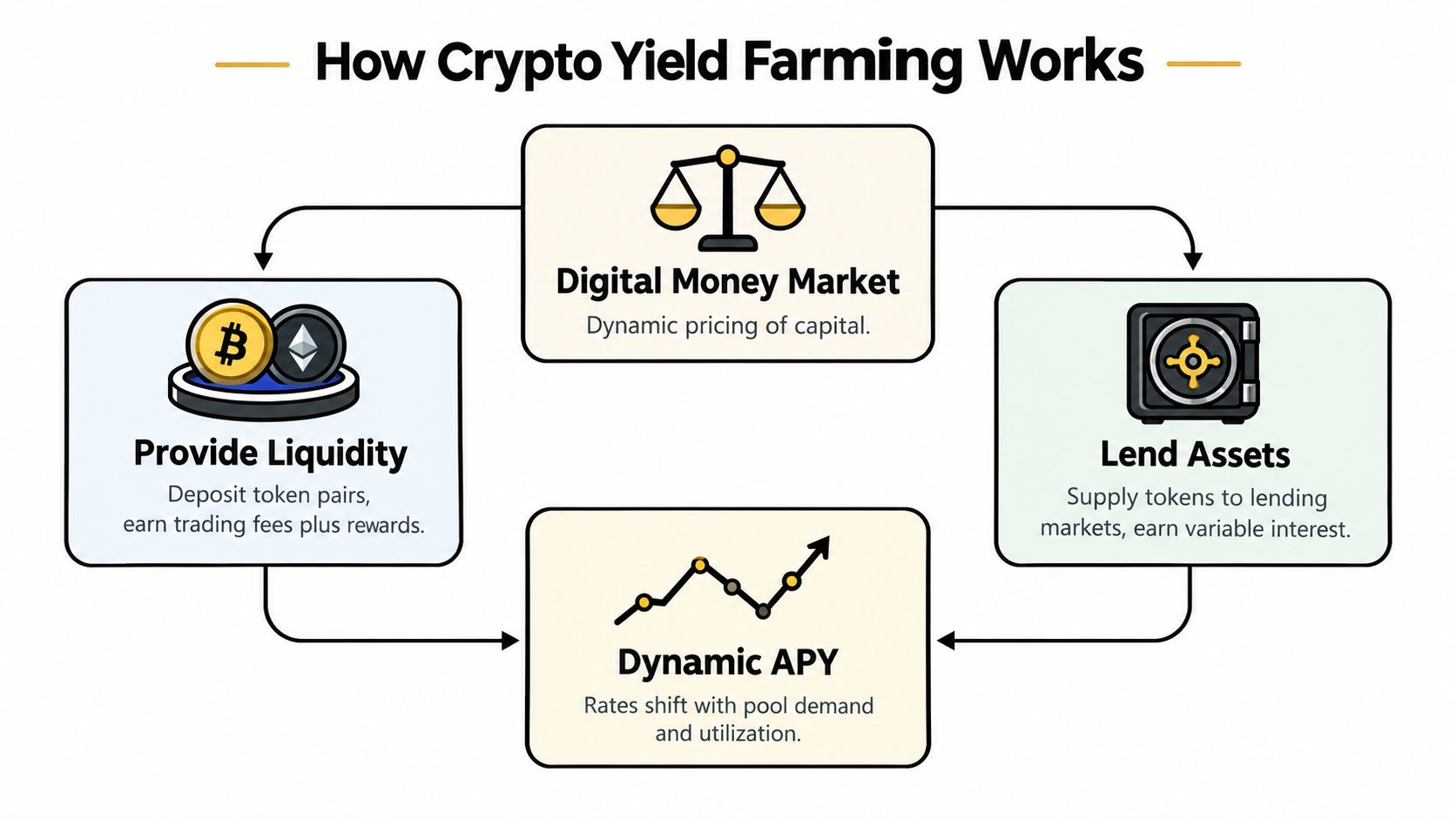 A diagram illustrating how crypto yield farming works through liquidity provision, digital money markets, lending, and dynamic APY.