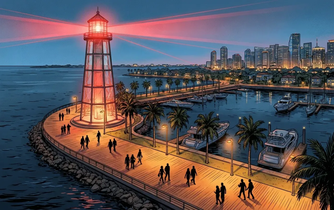 Lighthouse on a vibrant boardwalk by RockN' Socials Digital Marketing Agency.