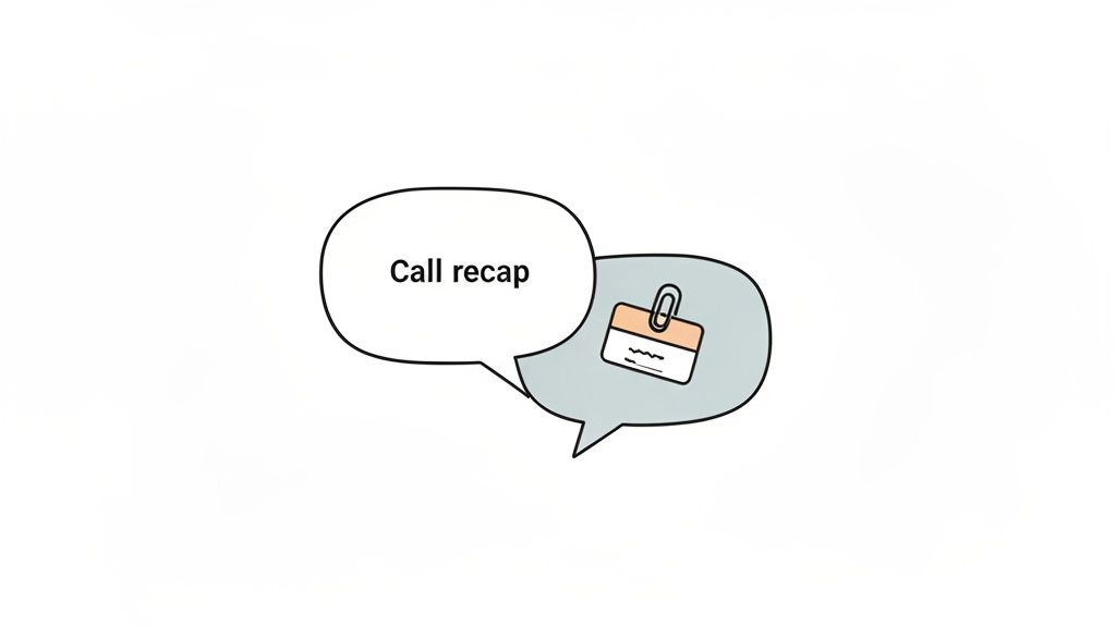 Two speech bubbles illustrate a 'Call recap' with an attached document icon, signifying a summary.