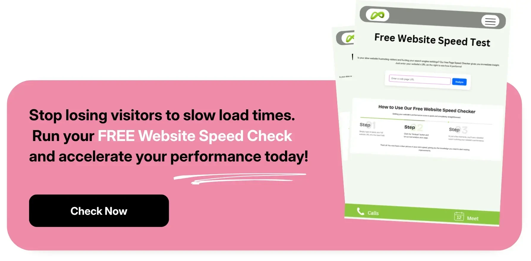 A call-to-action to Coozmoo's website speed test and performance optimization