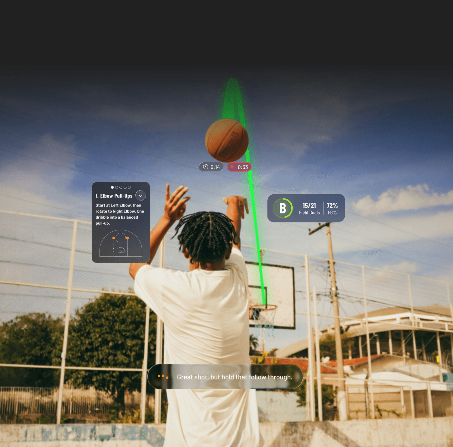 Trainify AI's in-workout user interface showcased over a young athlete shooting a basketball