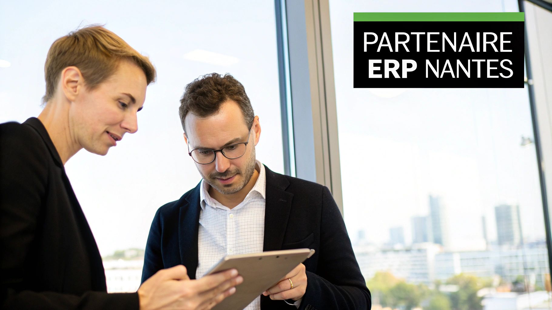Des professionnels discutant d'un projet ERP dans un bureau à Nantes