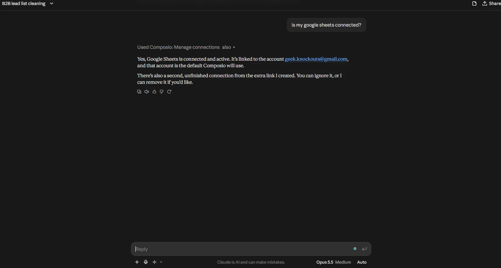 Claude confirming the Google Sheets connection is active