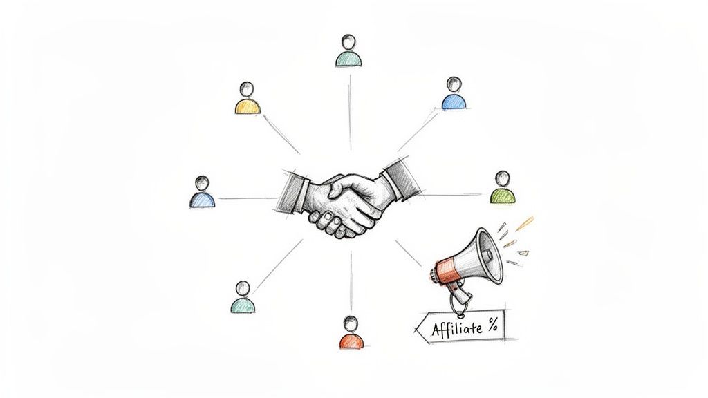 An illustration of affiliate marketing showing a handshake connected to multiple people and a megaphone with 'Affiliate %'.