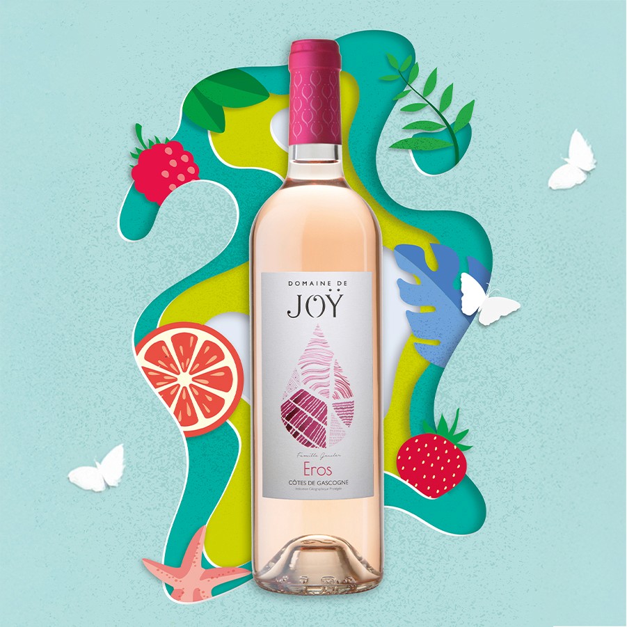 Affiche publicitaire illustrée pour le vin rosé Eros, gros plan sur la bouteille