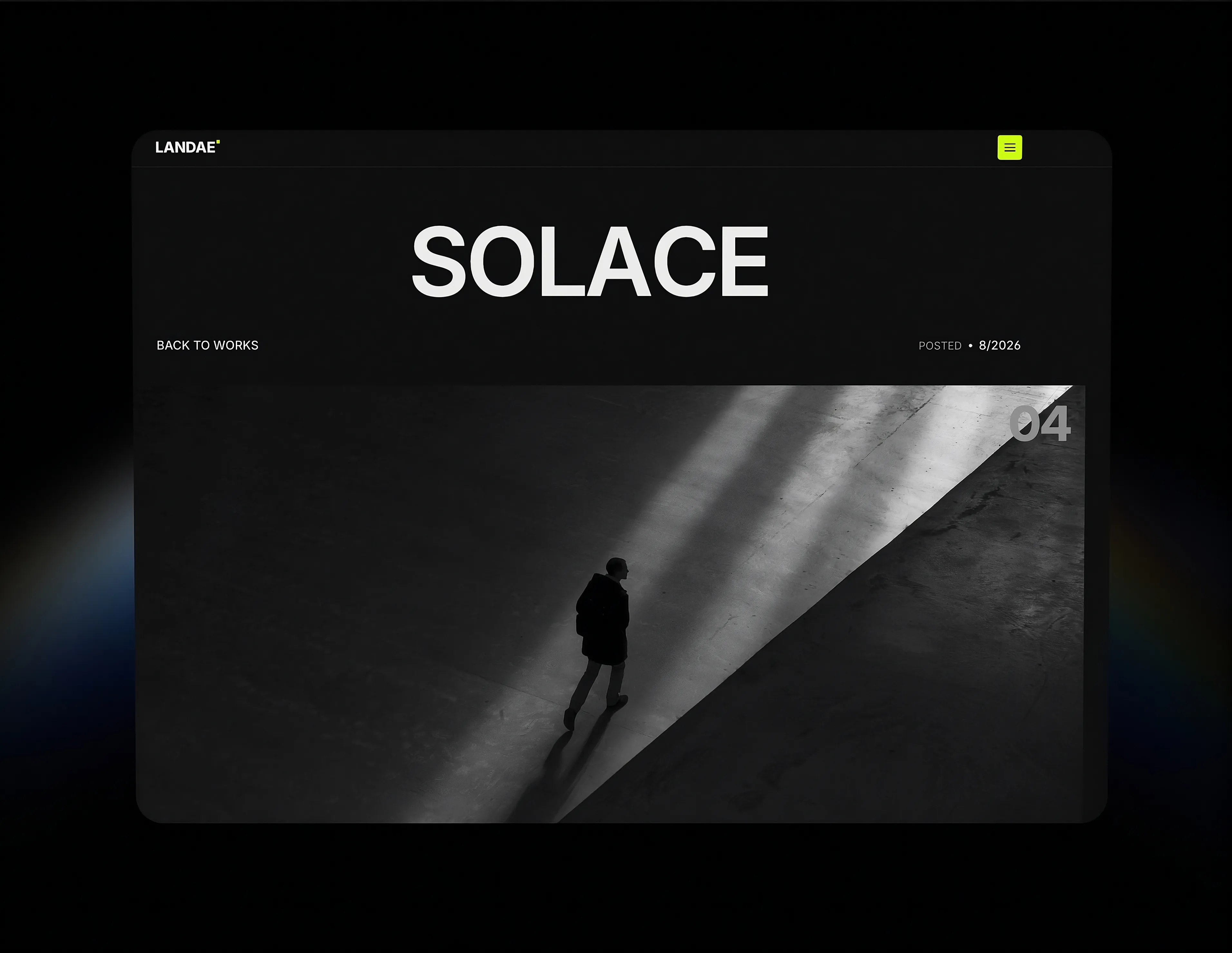 Landae Framer template project page - "Solace" case study with full-bleed black and white photography.